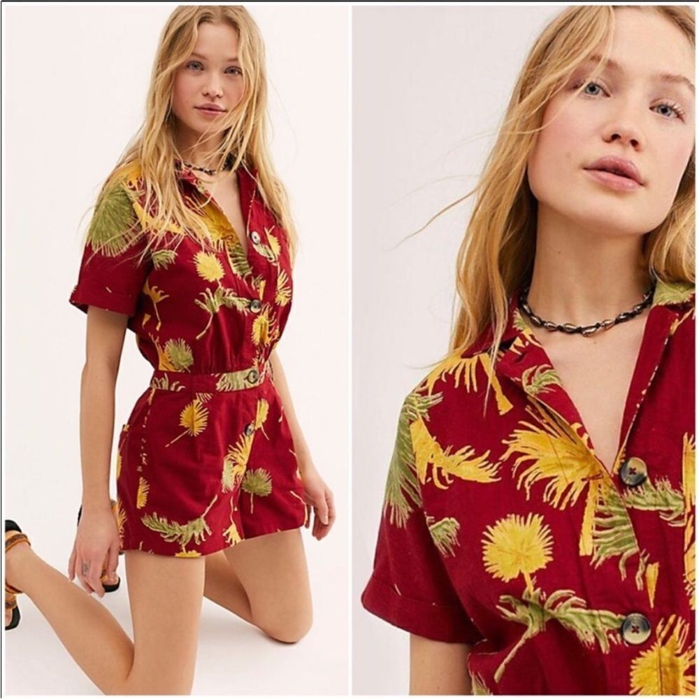Free People Malibu Red & Yellow Floral Tropical Hawaiian Romper